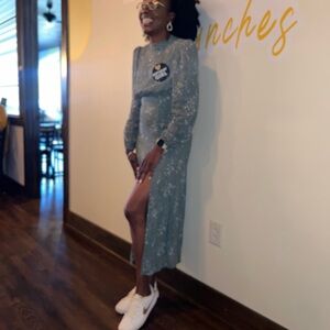 Women's Olive Green Star Print Long Sleeve Dress